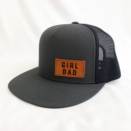 GirlDad Offset Charcoal/Black Leather Patch Flat Bill Trucker Hat