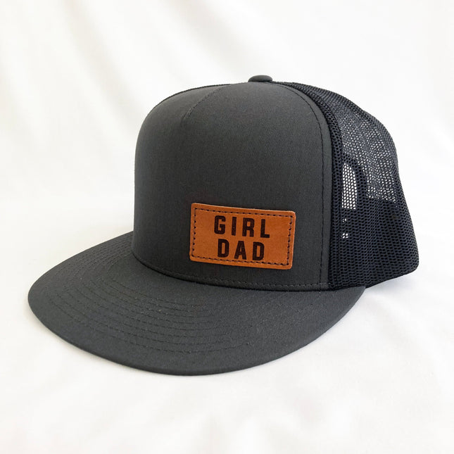GirlDad Offset Charcoal/Black Leather Patch Flat Bill Trucker Hat